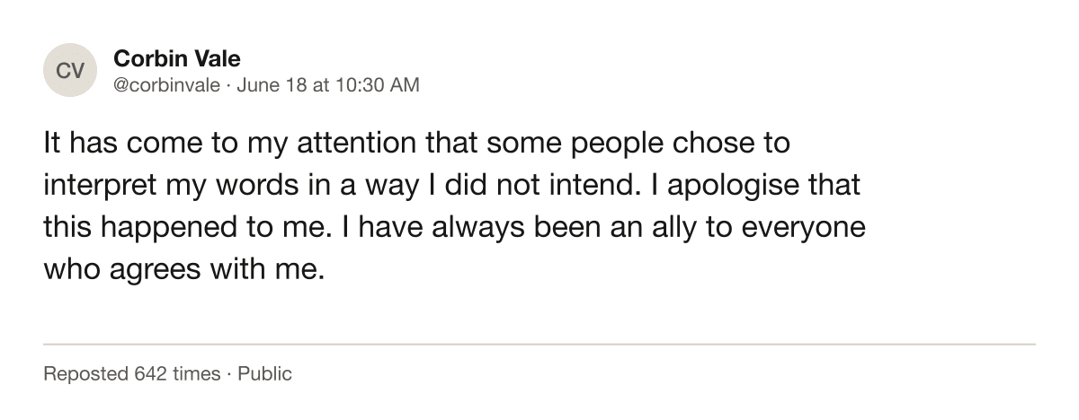 Screenshot of a public statement from an account apologising for how the post was received rather than for the post.