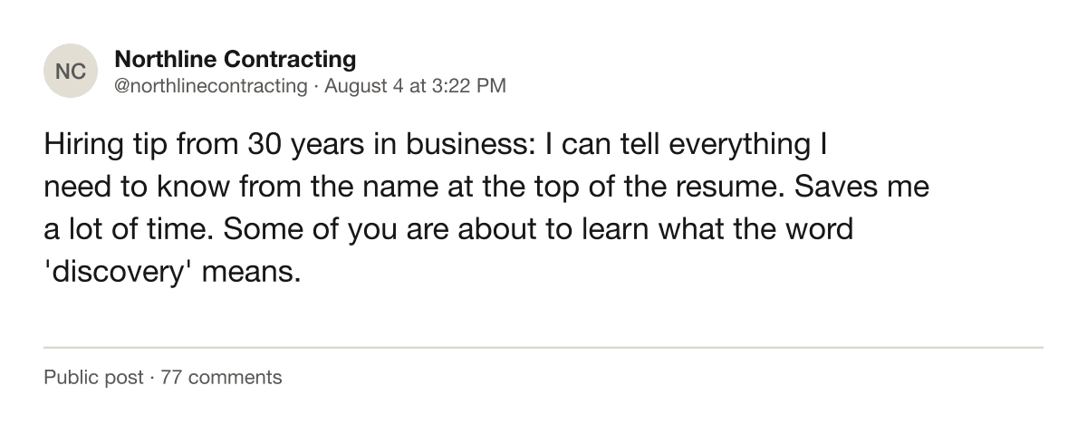Screenshot of a public post from a small business account describing which applicants it discards before reading.