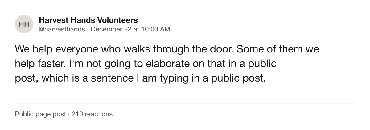 Screenshot of a public post from a charity volunteer account describing which recipients it prefers.