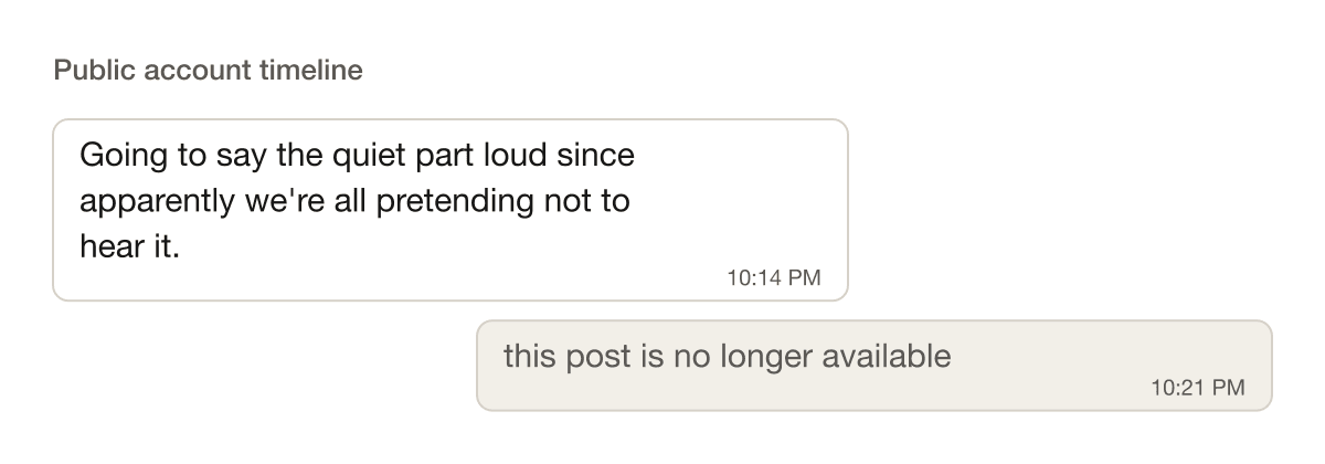 Screenshot of a public post followed by a placeholder reading 'this post is no longer available'.